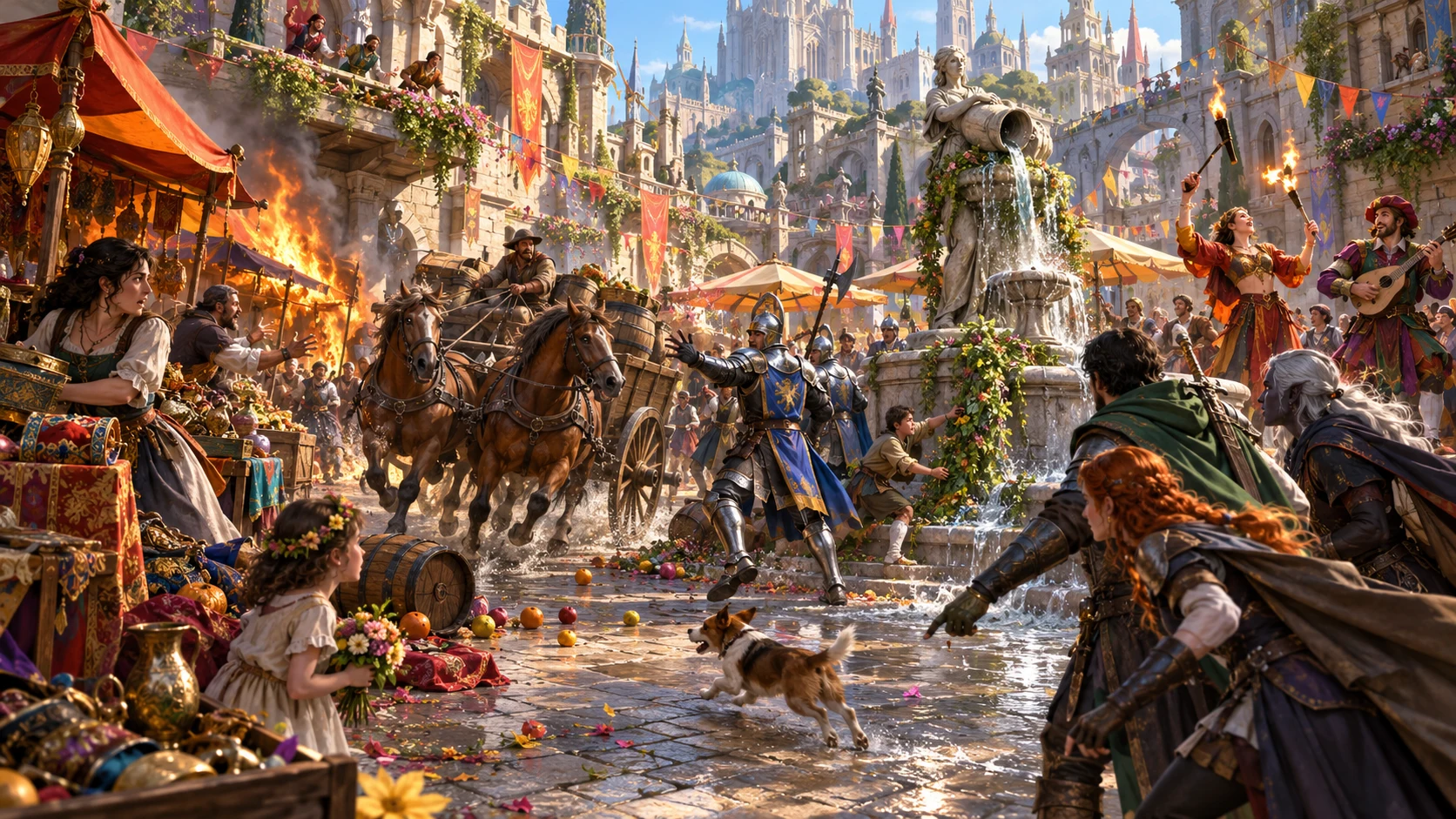 Fantasy illustration of a busy market fountain with a runaway cart, guards, fire and street performers
