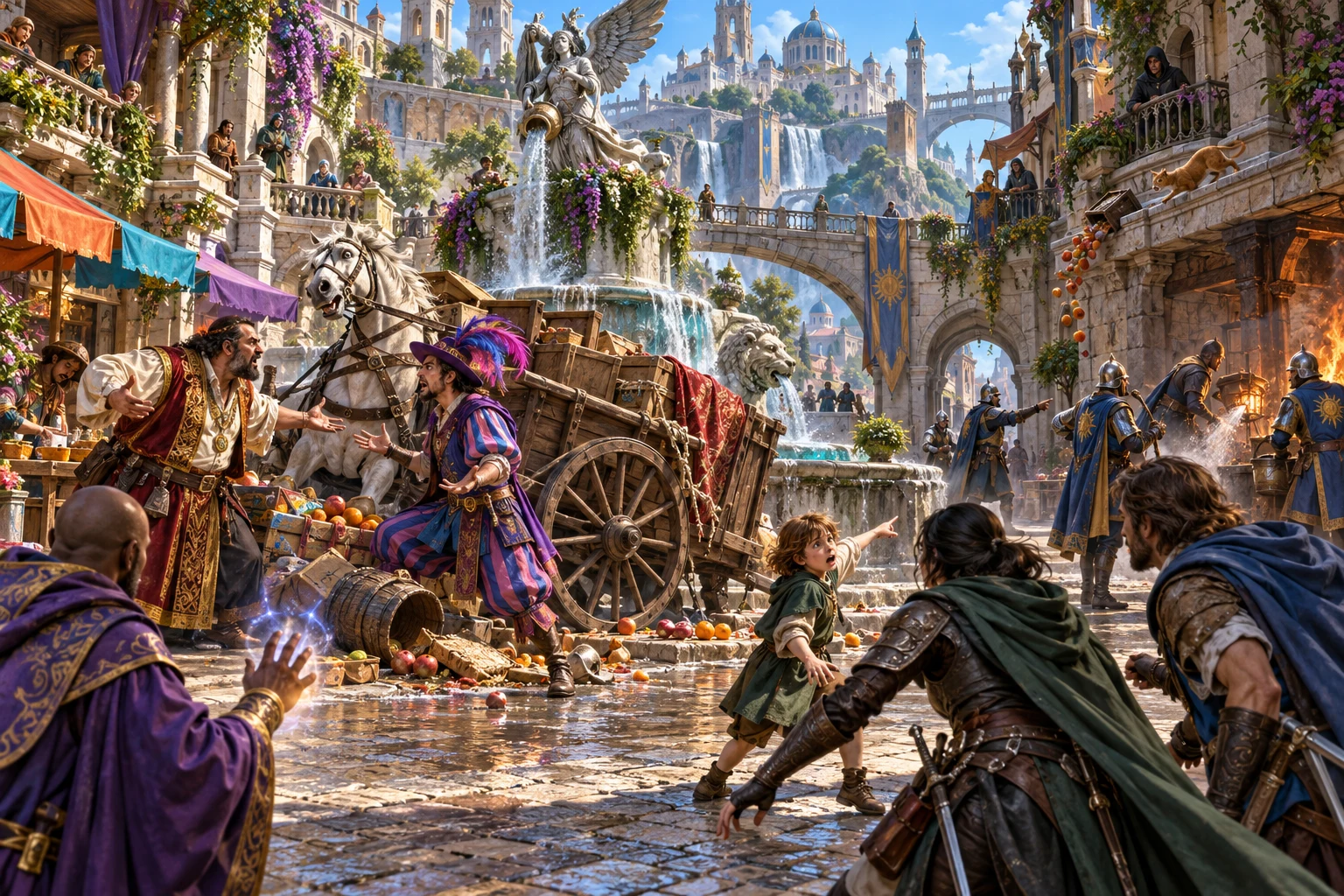 Fantasy illustration of a spilled cart, an argument and guards beside a fire in a busy city street