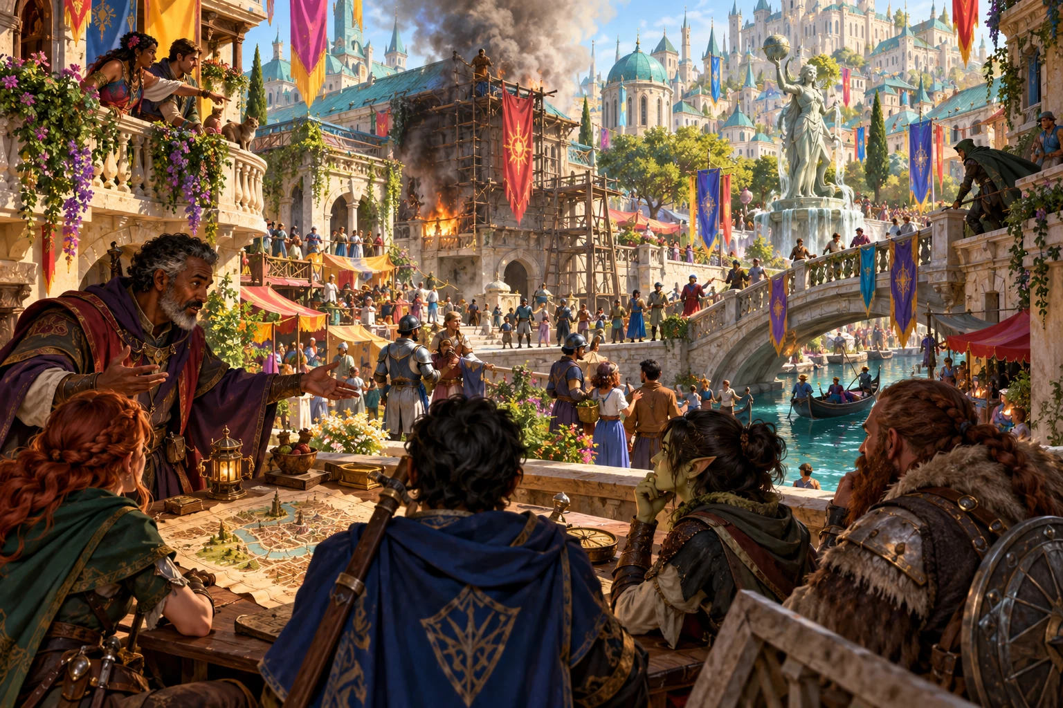 Fantasy illustration of a party considering a district map while a building burns across a city canal